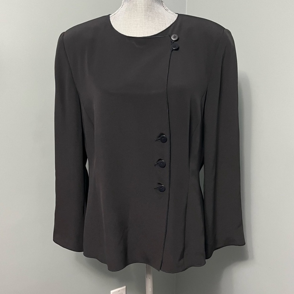 🇮🇹 Armani Collezioni Black Silk Asymmetrical Button Blazer Corporate Large